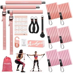 Upgraded Pilates Bar Kit with Resistance Bands Natural Coral Pink(20/30/40lbs)