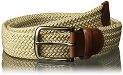 Perry Men’s Woven Belt with Stretch Leather-Trim Fabric Medium Khaki