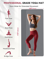 Large Yoga Mat 72″X30″ – 5Mm Thick PU Top & Rubber Bottom – Non-Slip Wide Exerci