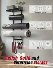 Yoga Mat Holder Wall Mount Storage Rack with Hooks and Shelves