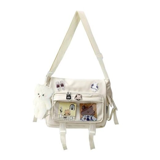 Kawaii Crossbody Ita Bag for Women with Pin and Pendant-Japanese Beige