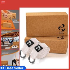 Cotton Yoga Straps 8 Feet 2 Pack with 2 Cork Blocks for Stretching Flexibility