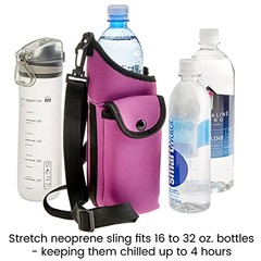 Neoprene Water Bottle Holder and Carrier Bag with Adjustable Strap and Purple