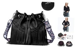 Women Bucket Fringe Hobo Bag Western Purse Vegan Leather Blk Double Straps