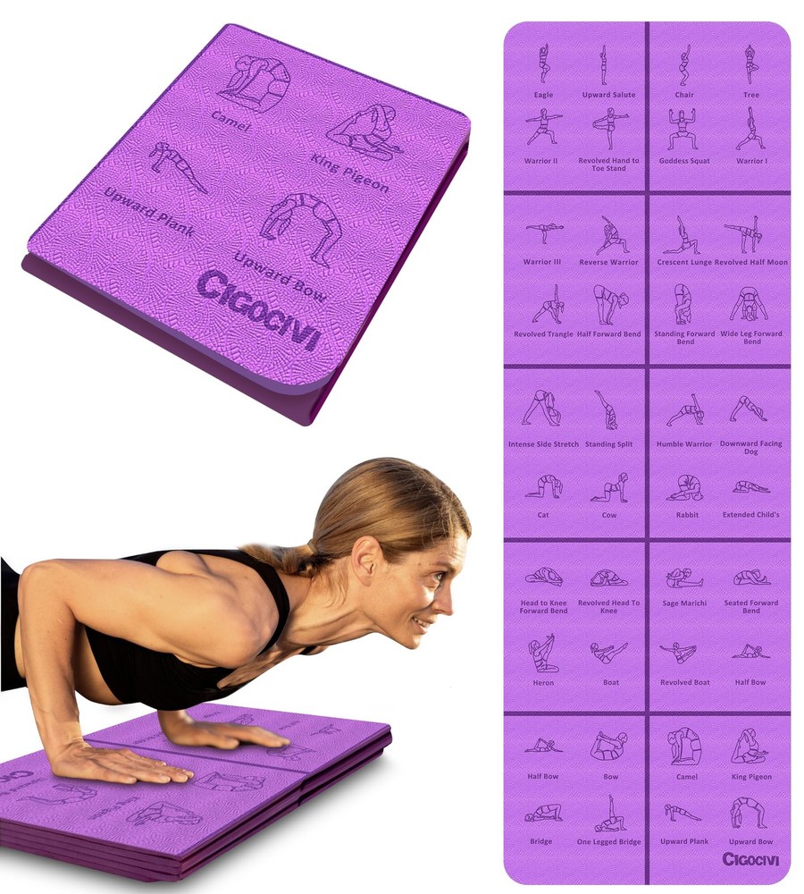 CIGOCIVI Foldable Thick Yoga Mat with Asanas Poses -Christmas Gifts Purple