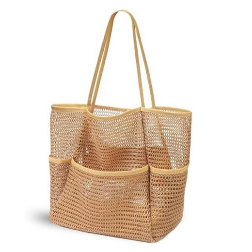 Beach Bags for Women, Mesh Beach Bag Tote, Summer Travel Foldable Pool Khaki
