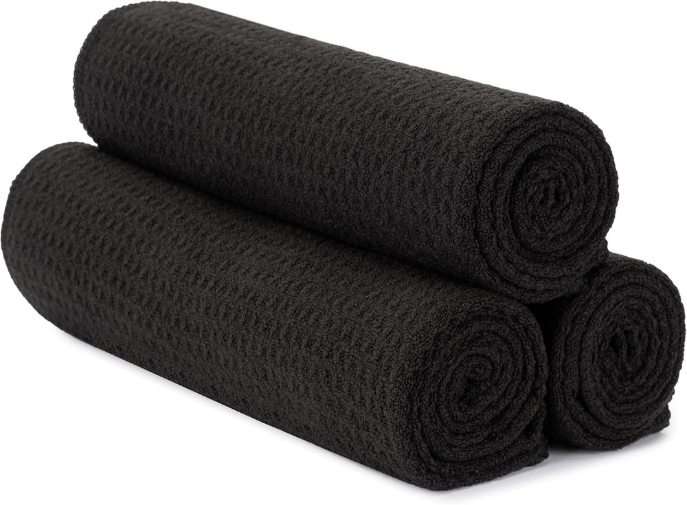 S&T INC. Microfiber Gym Towels, Yoga Towel for Home 3 Pack, Honeycomb Black