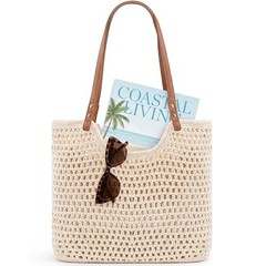 Crochet Beach Bags for Women, Reinforced Strap Woven Tote Bag with Beige