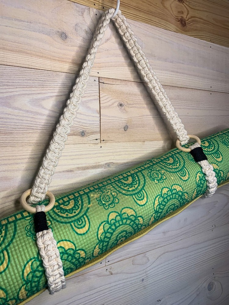 Handmade Macramé Yoga Mat Carry Strap, Beige, Black