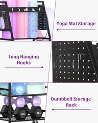 Home Gym Storage Rack for Yoga Mats and Weights with Hooks and Wheels
