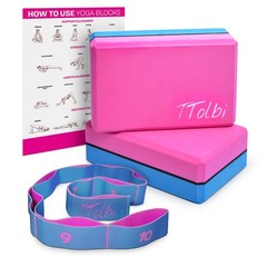 Yoga Blocks 2 Pack with Strap & Guide – NonSlip EVA Foam Pilates Blocks for H…
