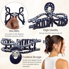 Rhinestone Hair Bow Claw Clip for Women, 4.3″, Butterfly Style, Non Slip, Navy