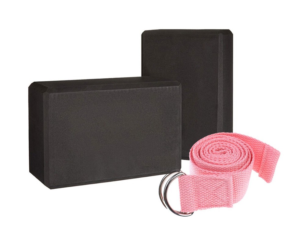 Black Yoga Blocks Set of 2 and Pink Yoga Strap
