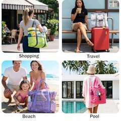 Mesh Beach Bag-Large Beach Tote for Women with Zipper Pocket, pool cruise White