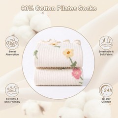 MOKAOU Pilates Grip Socks (2PACK 10, 2pack Beige Flower&beige Red Flower