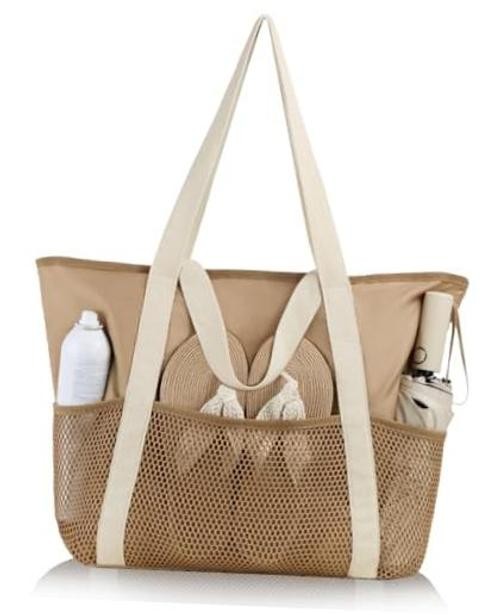 Beach Bag Large Waterproof Sandproof Tote for Women with Zipper Medium Khaki