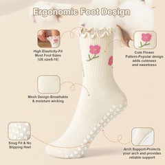 MOKAOU Pilates Grip Socks (2PACK 10, 2pack Beige Flower&beige Red Flower