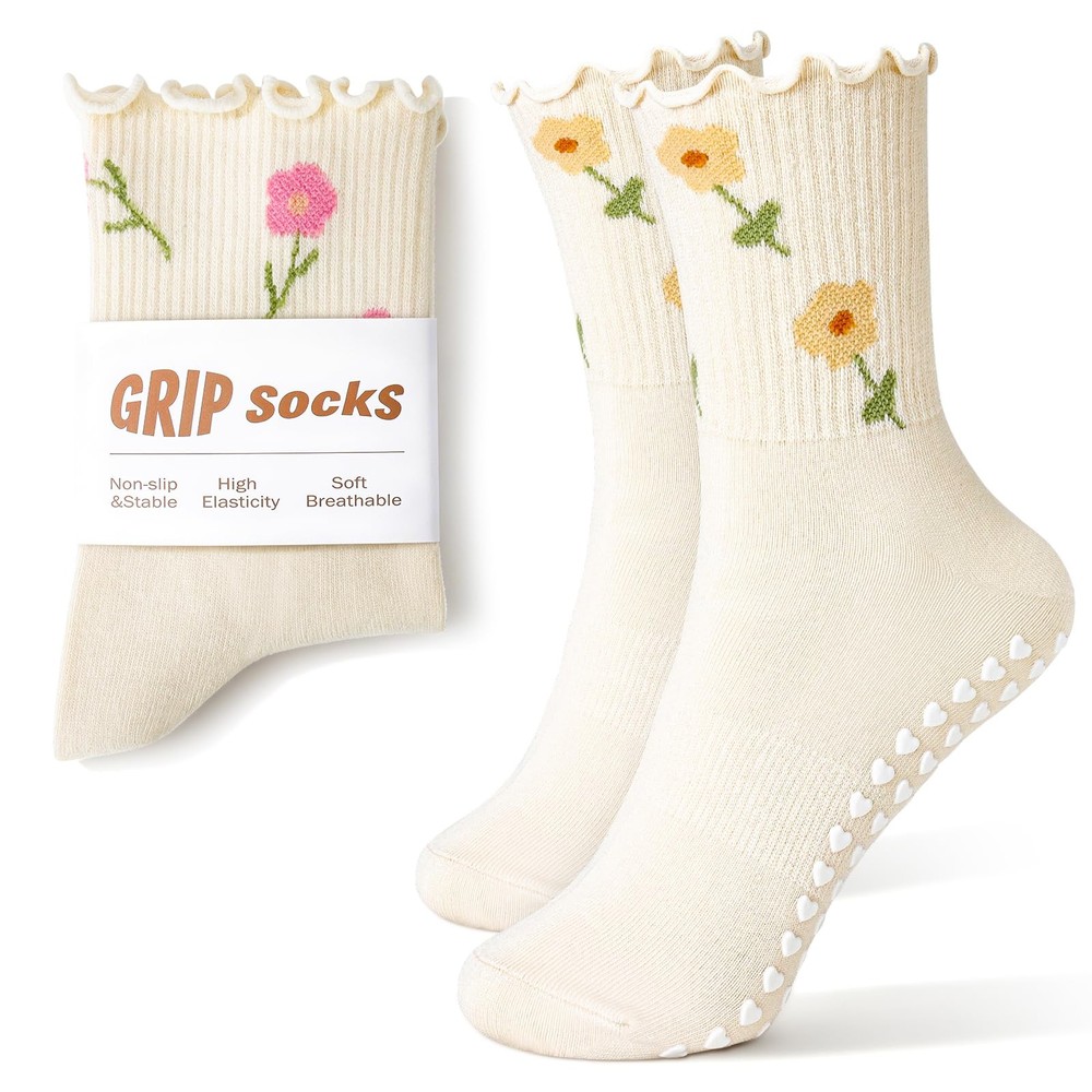 MOKAOU Pilates Grip Socks (2PACK 10, 2pack Beige Flower&beige Red Flower