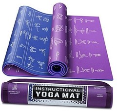 Instructional Yoga Mat with Carrying Strap: Cute Yoga Blue/Purple (68″ x 24″)