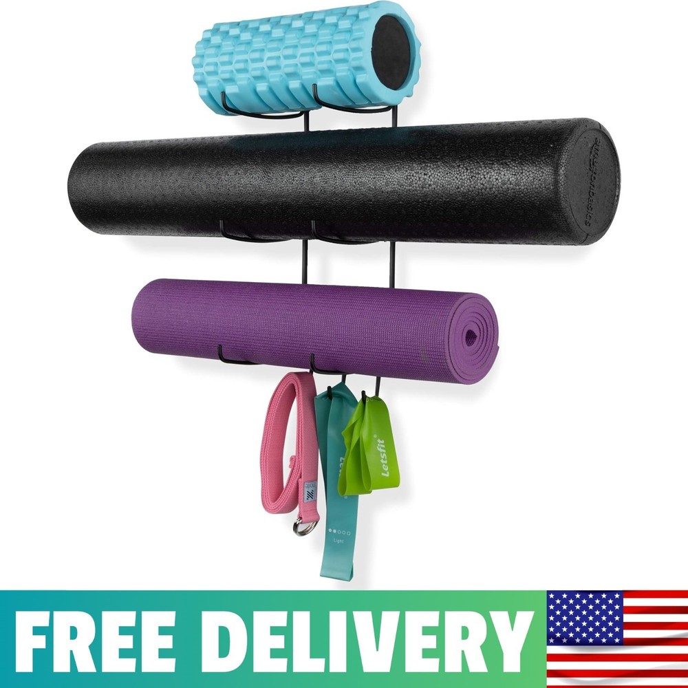 Guru Yoga Mat Holder Wall Mount With 3 Hooks For Hanging Yoga Strap, Resistance