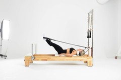 Pilates Reformer with Adjustable Tower, Foot Bar, Beige Wood Frame