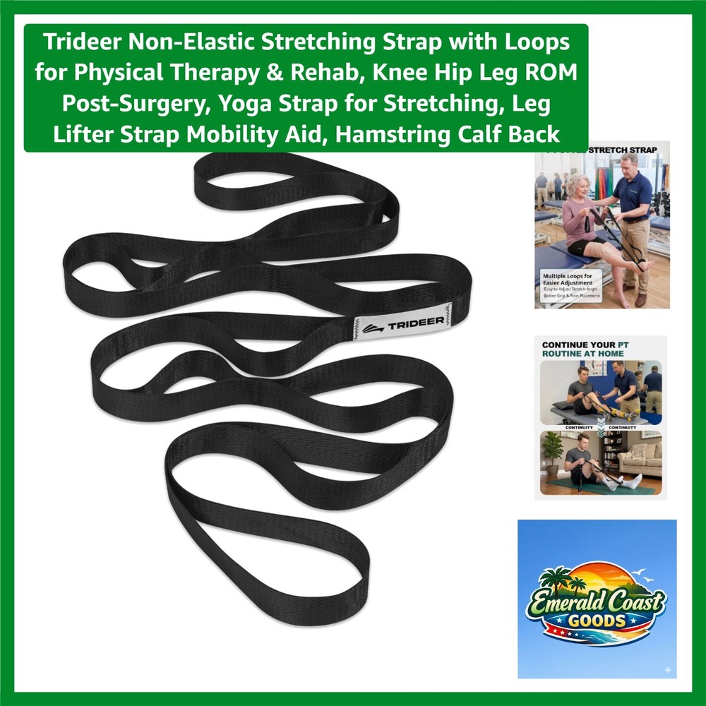 Yoga Strap and Mobility Aid: 75″ Non-Stretching Strap for Rehab & Flexibility