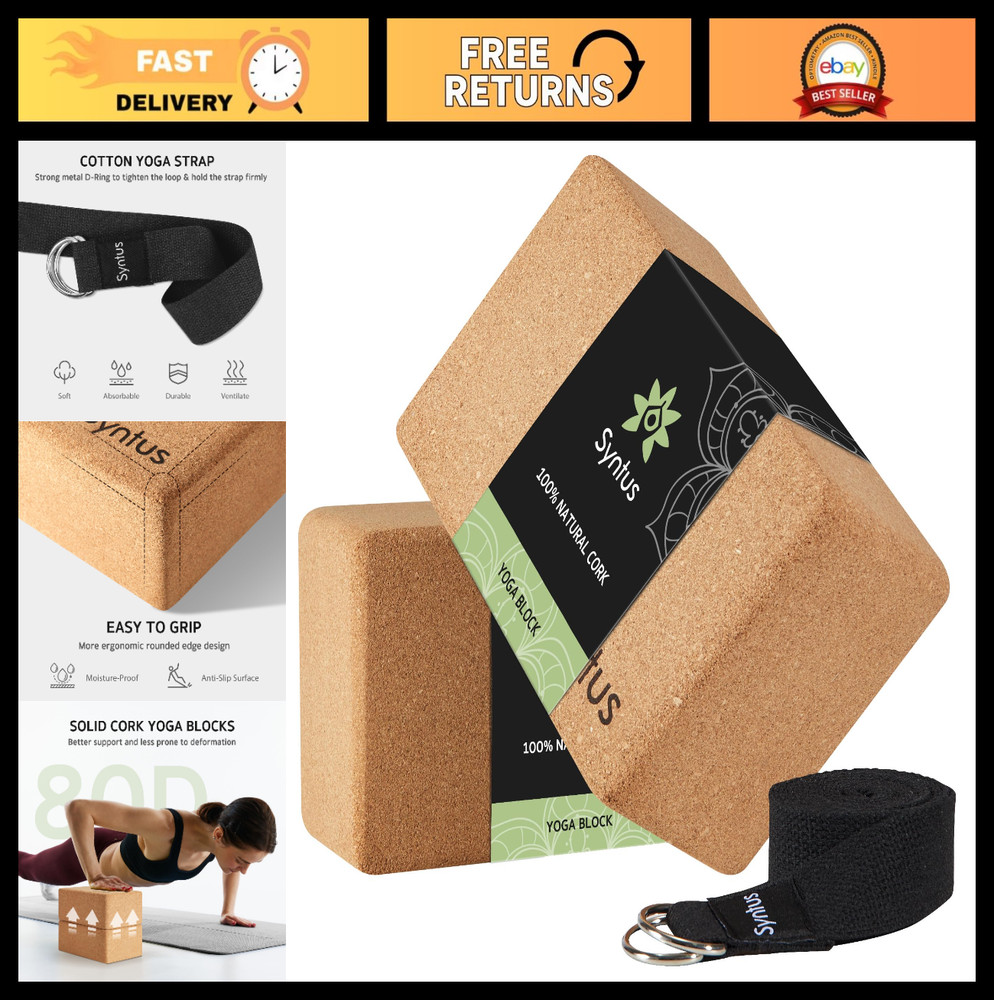 Yoga Block and Strap Set – 2 Non-Slip Foam Blocks 9x6x4″ + 8FT D-Ring Strap for