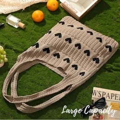 Crochet Tote Bag, Mesh Beach Bag, Knitted Shoulder Beach Bags Heart – Khaki