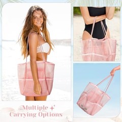 Crochet Tote Bag, Mesh Beach Bag, Knitted Shoulder Beach Bags for Women Pink