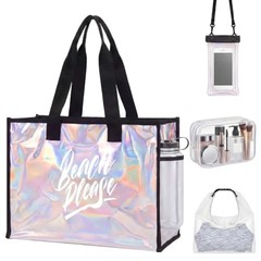4-pcs Large Iridescent Clear Beach Bags Set for Women with Printed Text, Black
