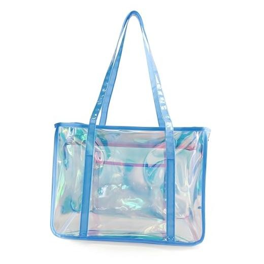 Holographic Clear Tote Bags, Waterproof Shoulder Bag, Clear Holographic Blue