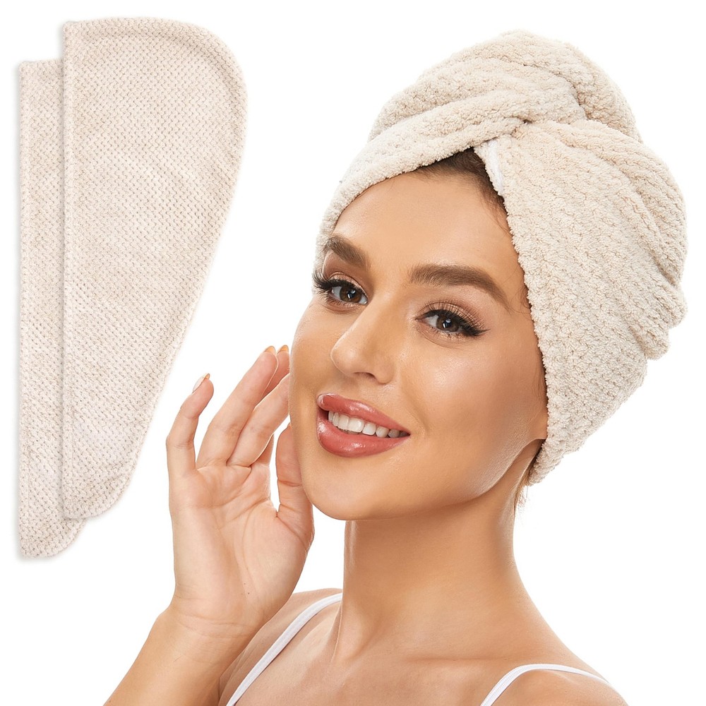 SimpleField 2 Pack Microfiber Hair Towel Wrap 25×10 Inch (Pack of 2), Beige