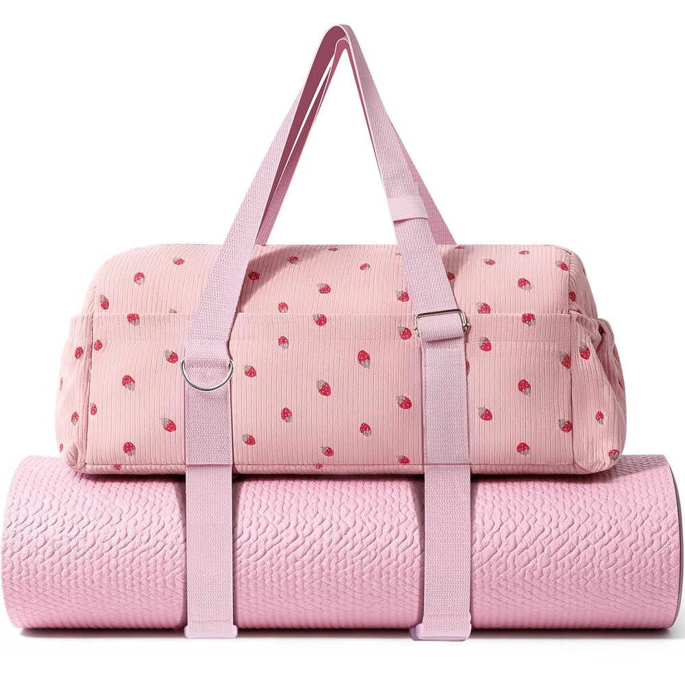Strawberry Gym Bag for & Girls, Corduroy Yoga Mat Bag with Holder, Large Capa…