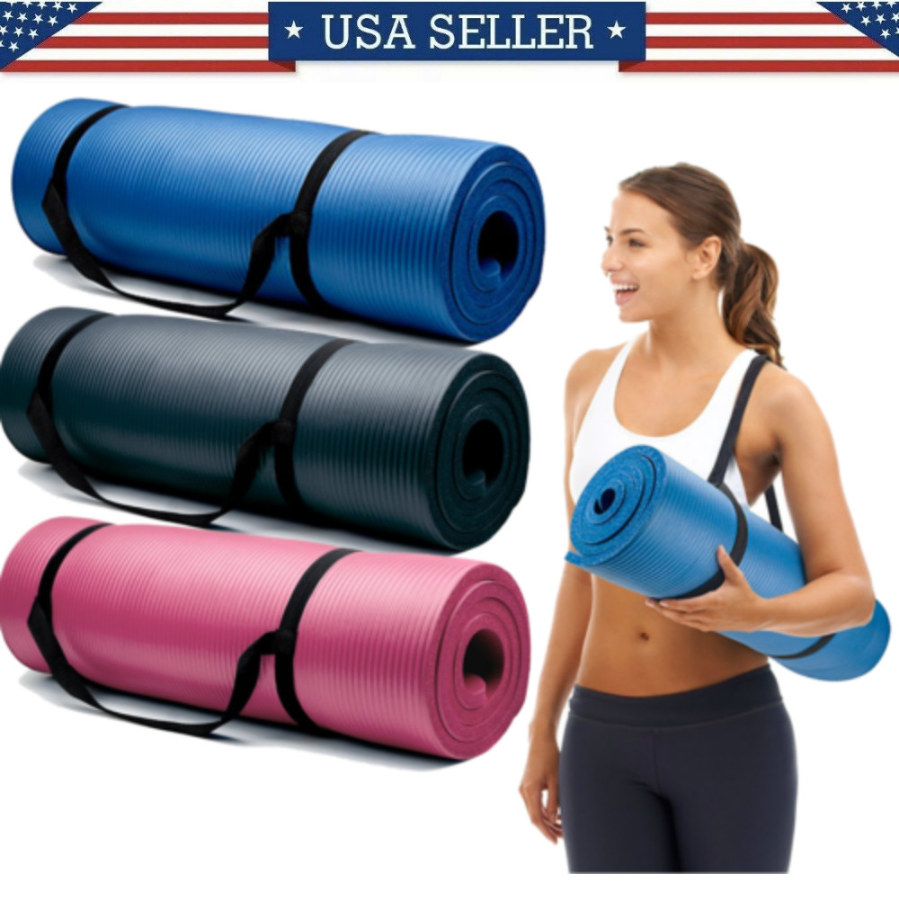 Yoga Mats 0.375 inch (10mm) Thick Exercise Gym Mat Non Slip With Carry Straps US