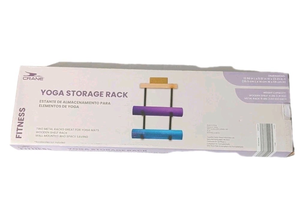 New Crane Ffitness Yoga Mat Storage Wooden Shelf Rack Holds 2 Mats Wall Mounted