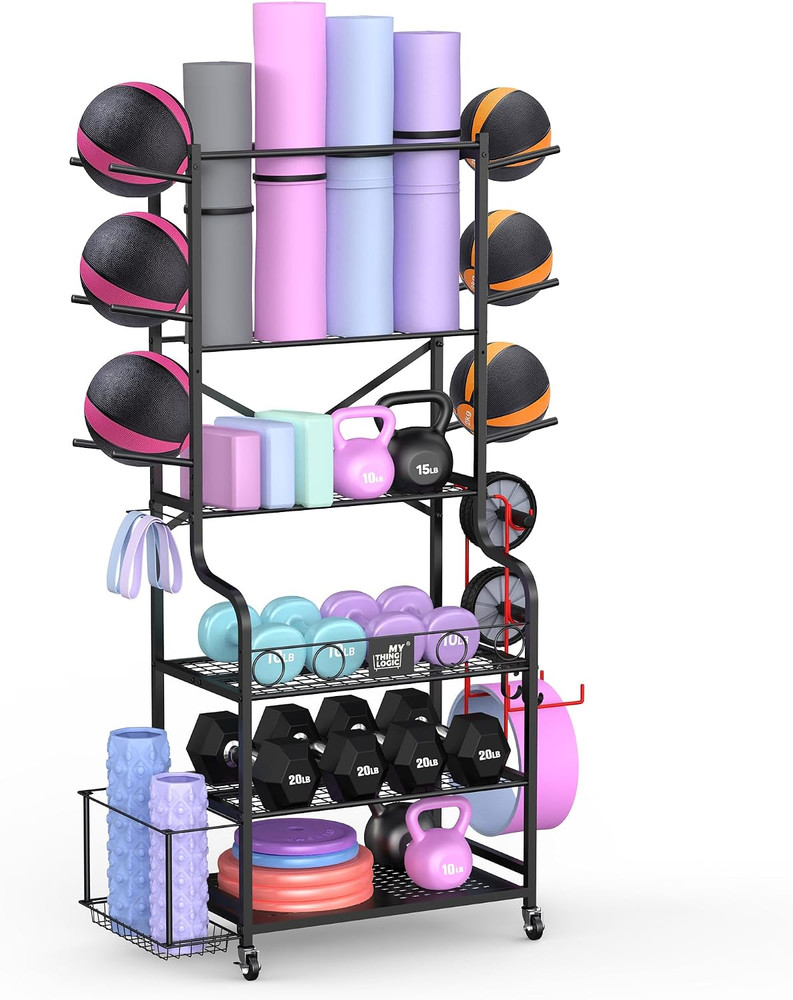 Yoga Mat and Equipment Storage Rack with Hooks and Wheels for Home Gym