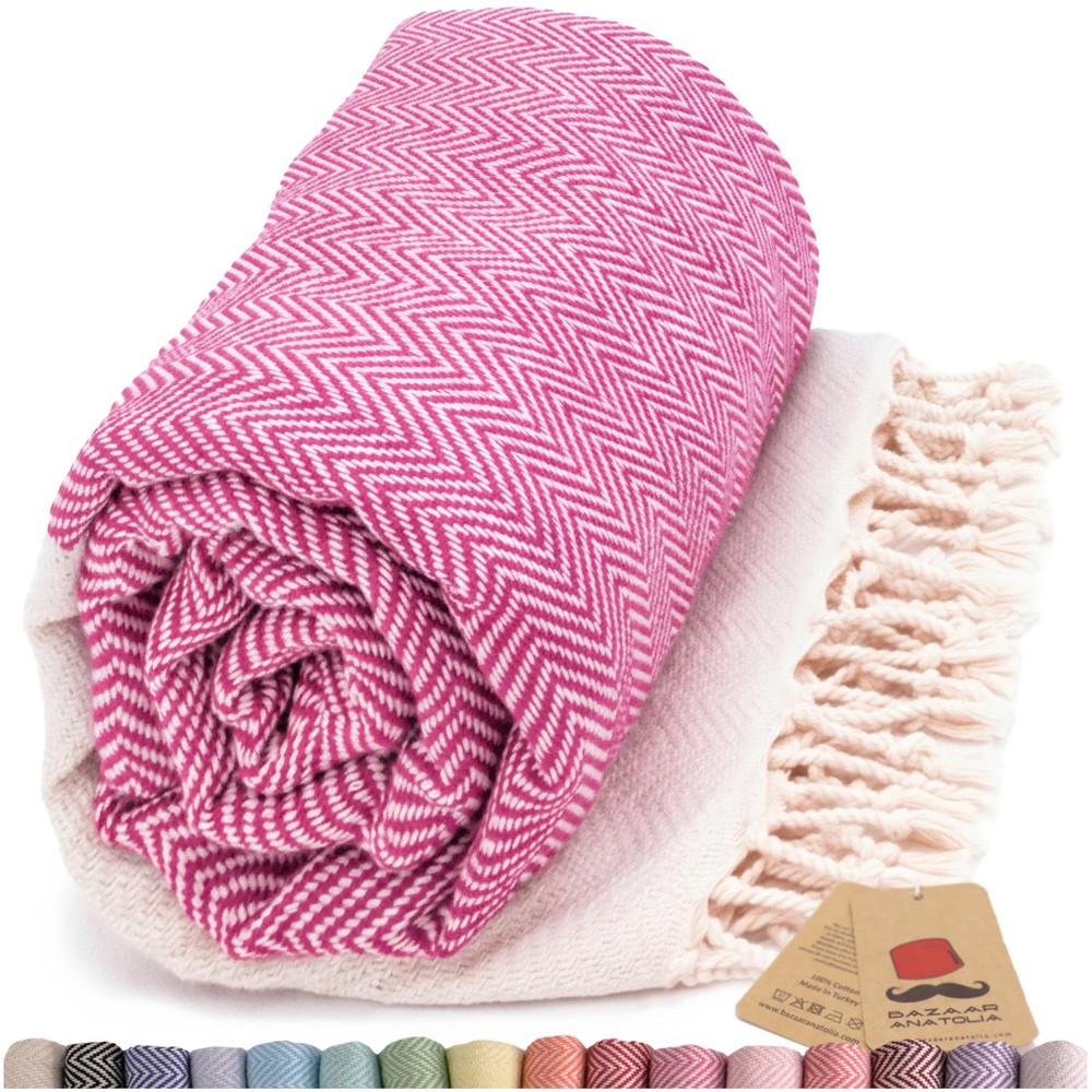 Bazaar Anatolia Turkish Beach Towel 100% Cotton 71×39″, Fuchsia Herringbone