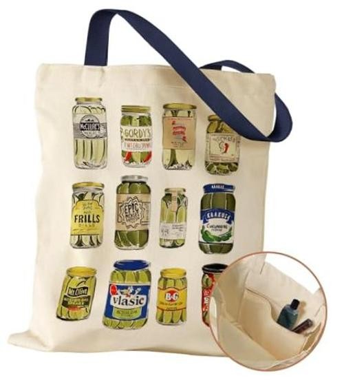 Aesthetic Canvas Tote Bag with Inner Pocket for Women, Cloth Canned Pickle