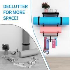 Yoga Mat Holder Wall Mount Storage Shelf Black & Hooks for Resistance Bands | Al