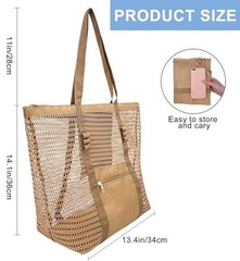 Mesh Beach Bags for Women with Zipper Foldable Hobo Tote Bag Vacation Khaki