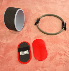 Yoga Wheel, Pilates Ring And BANDS Sliding Discs. Set 4pc Black/Gray/Red