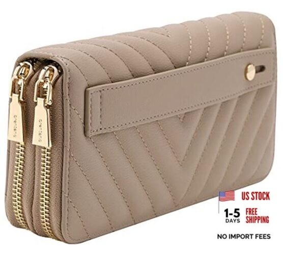 Vegan Leather Double Zipper Pocket Wallet with Grip Chevron Embroidered Taupe