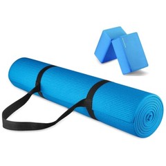 1/4 Inch Exercise Yoga Mat Yoga Pilates Mat w/ Yoga Blocks & Carrier Strap. Blue