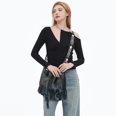 Women Bucket Fringe Hobo Bag Western Purse Vegan Leather Blk Double Straps