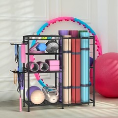 Yoga Mat Holder 4 Tier Home Gym Storage Rack W/ Hooks & Basket Metal Sports