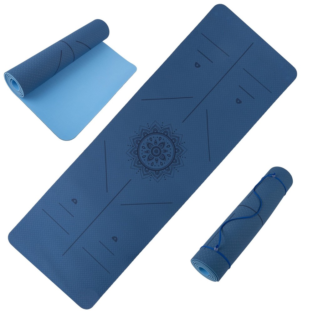 Blue Yoga Mat with Alignment Guide Lightweight TPE Travel-Friendly Yoga Mat