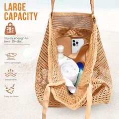 Beach Bags for Women, Summer Travel Mesh Tote Bag with Large Inner Pocket, Tan