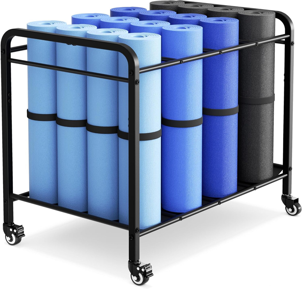 Black Yoga Mat Storage Rack Basket with Wheels, Floor-Standing Metal Yoga Mat Ca