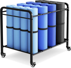 Black Yoga Mat Storage Rack Basket with Wheels, Floor-Standing Metal Yoga Mat Ca