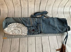 Yoga Mat Carry Bag Shoulder Boho OOAK Retro Distressed Upcycle Denim Blue Jeans